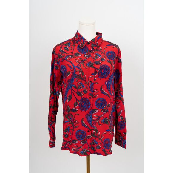 Sandro Floral Print Red Silk Button Down Blouse Top Size 2 - Picture 1 of 4